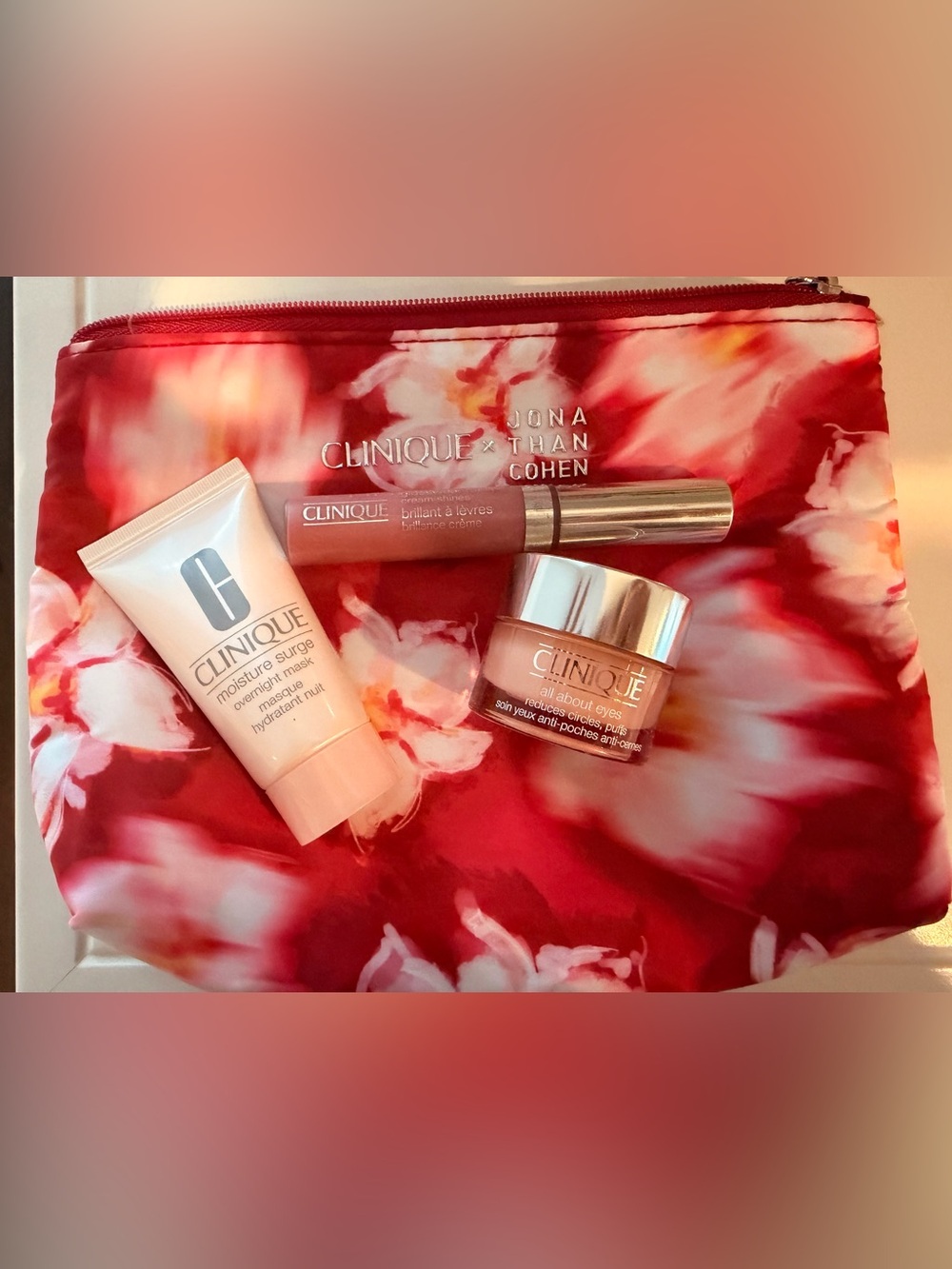 New Clinique Pink Floral Makeup Bag Set with Moisturizer, Lip Gloss & Eye Cream